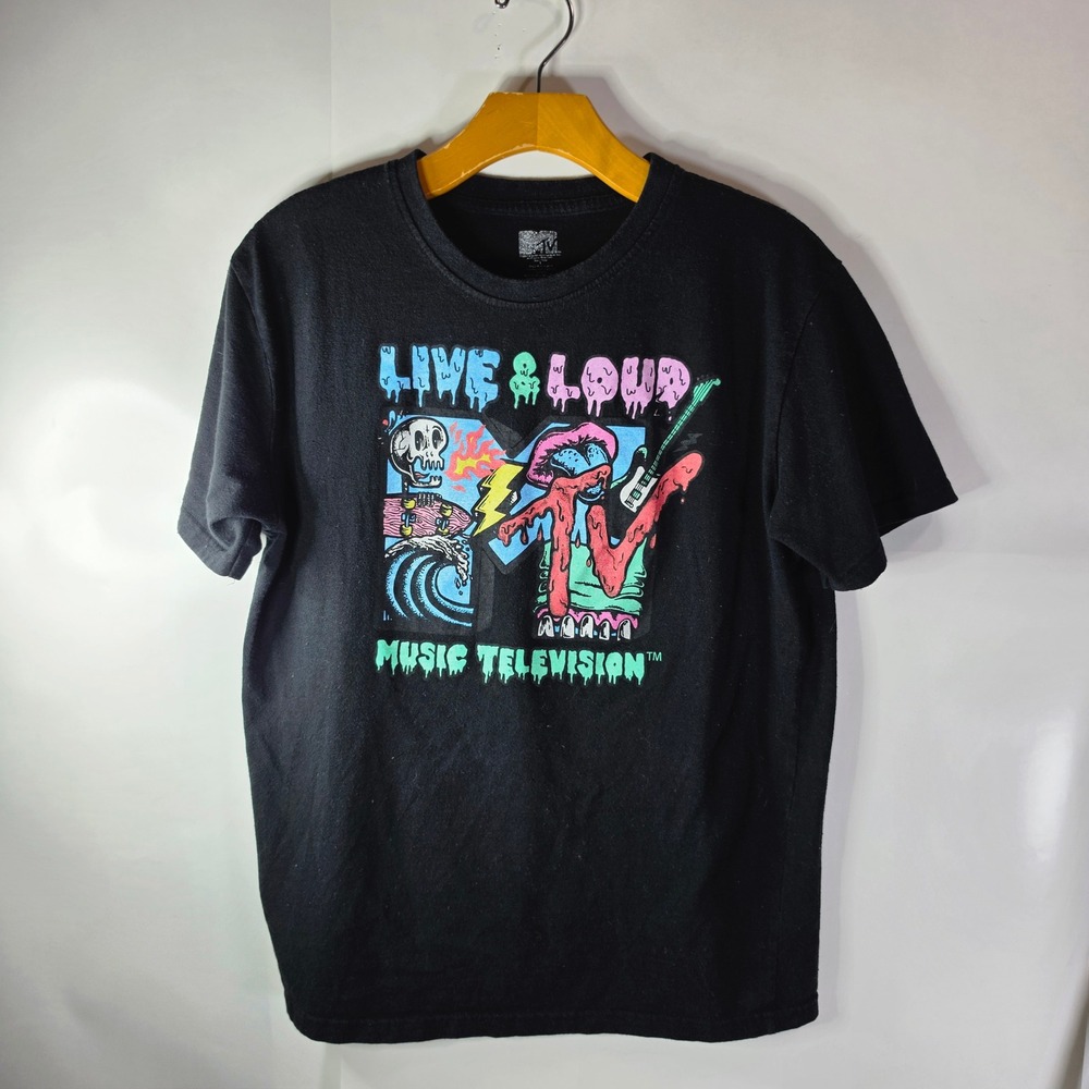MTV Live & Loud Shirt Youth Large Black Graphic Tee Music Television‎ Skeleton